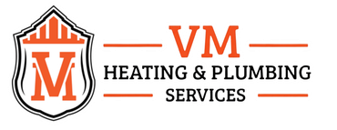 VM Heating & Plumbing Services logo in orange, black, and white with shield icon