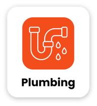 Orange plumbing icon with white pipe and water drops, labeled “Plumbing”