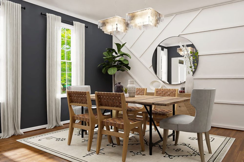 Dining room with wooden table, woven chairs, and decorative white wall paneling.