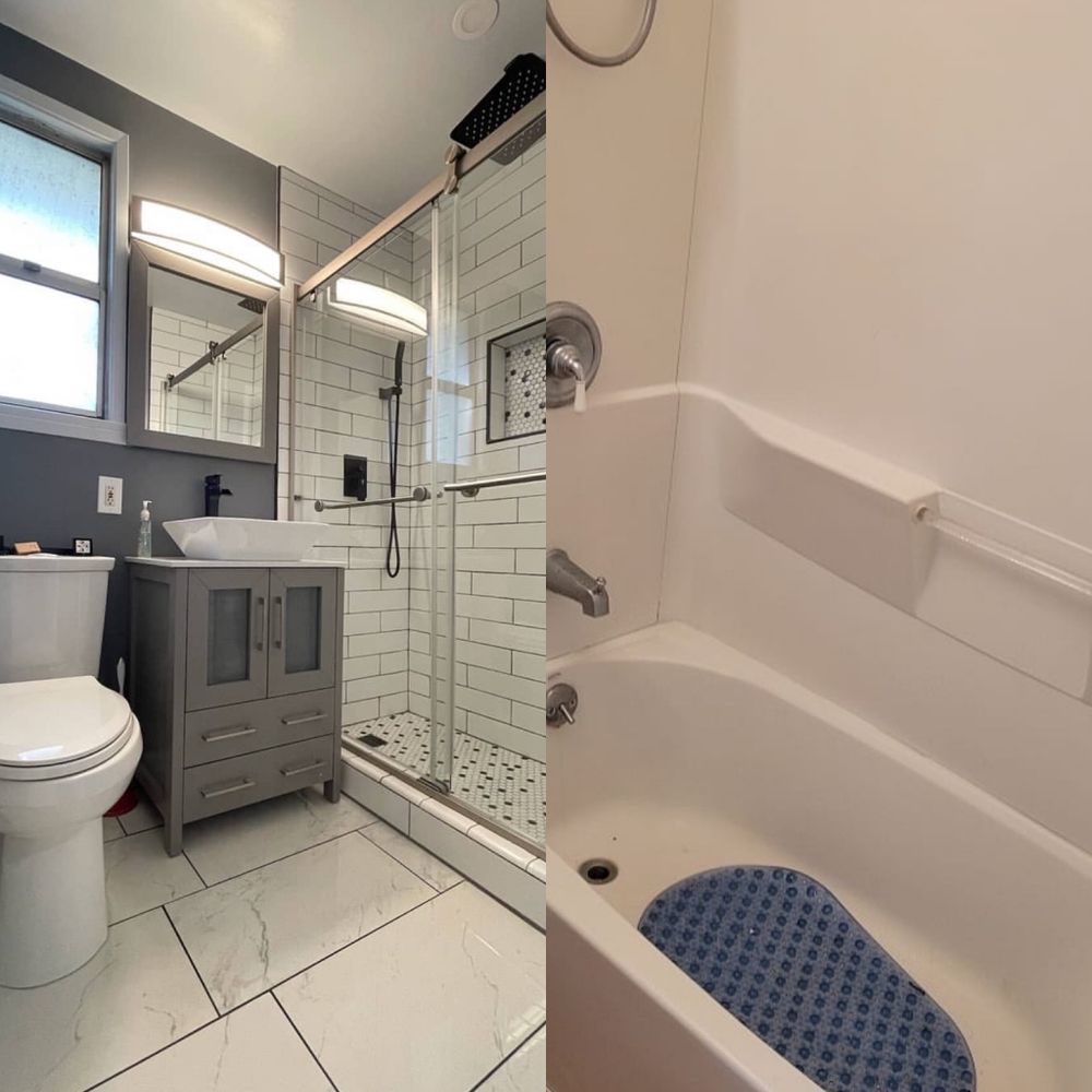 Bathroom with updated shower and tub, grey vanity and toilet. Tile floor.