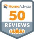 HomeAdvisor badge: 50 Reviews with three stars, orange and white text on a gray background.