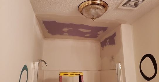 Bathroom ceiling repair: Purple drywall visible, light fixture, ventilation, ladder.