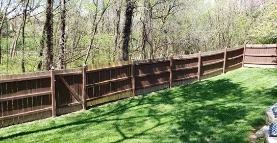 Brown wooden fence in a grassy yard borders a wooded area; the sky is visible above the trees.
