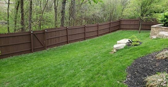 Brown wooden fence enclosing a green grassy backyard with trees in the background.