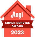 Angi Super Service Award 2023 badge: Red house shape with "Angi" and "Super Service Award" text, and the year "2023".