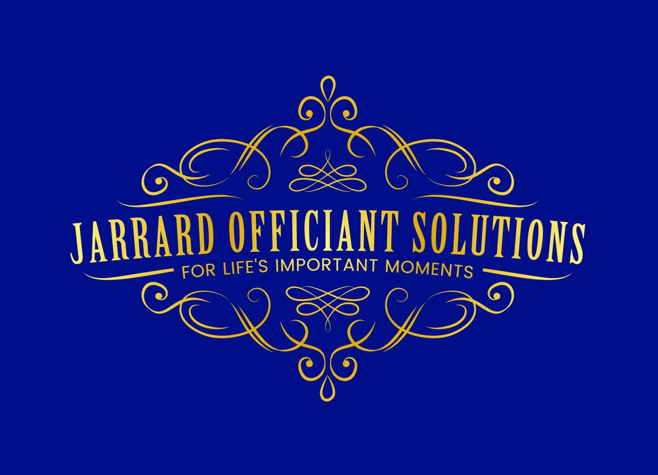 Logo for Jarrard Officiant Solutions on blue background with gold script and flourishes.