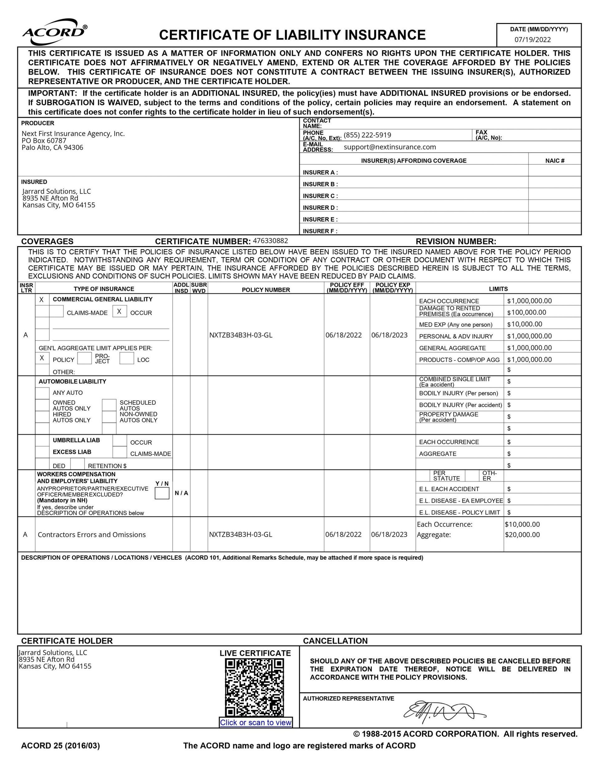 Certificate of Liability Insurance form; details coverage for a company.