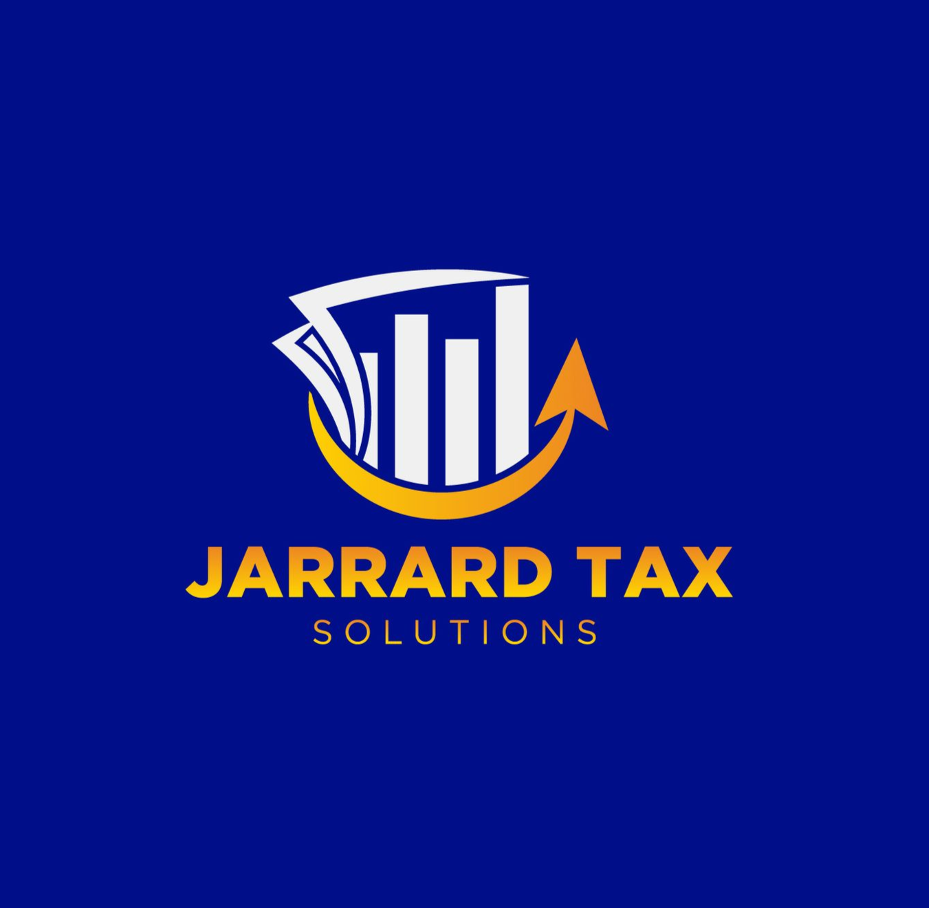 Logo: Jarred Tax Solutions. Blue background with white and gold graphic; financial growth indicated by bars and arrow.