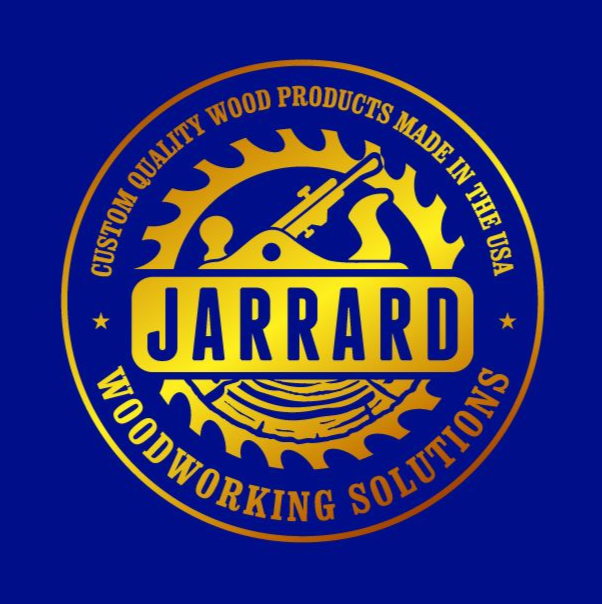 Logo for Jarrard Woodworking Solutions: gold design with tools on a blue background.