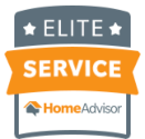 HomeAdvisor "Elite Service" badge: gray and orange design with "Elite Service" text, HomeAdvisor logo at bottom.