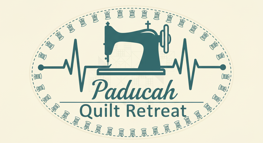 A logo for paducah quilt retreat with a sewing machine