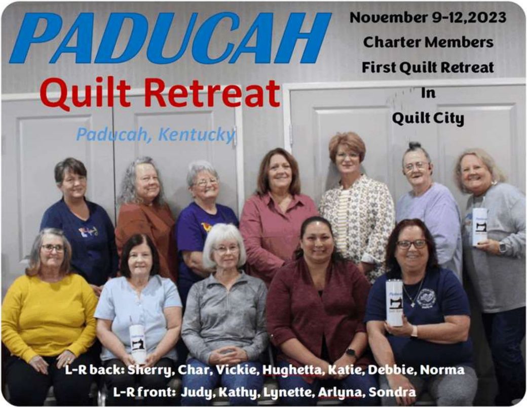 A group of women are posing for a picture for the paducah quilt retreat