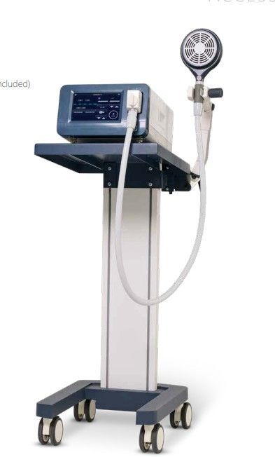 Medical device on a rolling cart with a display screen, cable, and attached applicator.