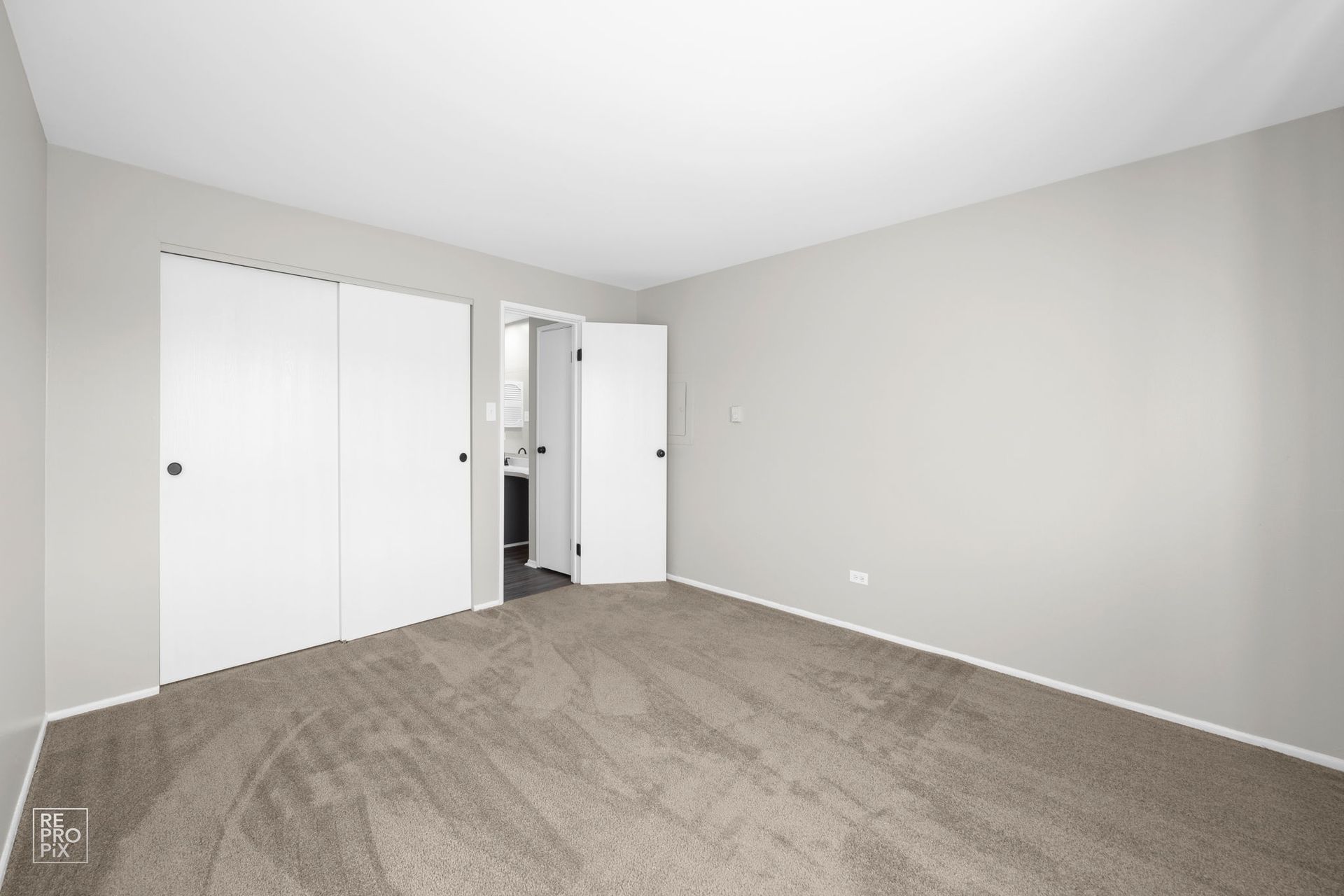 Empty bedroom with gray walls, carpet, and white closet doors, open doorway to bathroom.