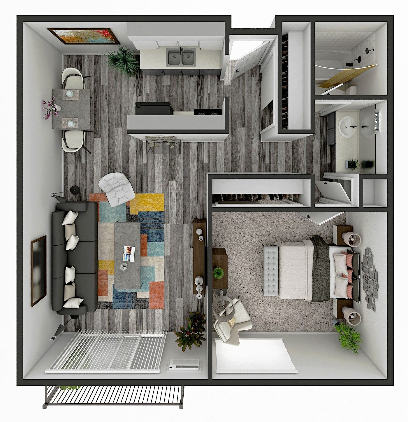 Floor plan: Modern apartment layout with living, kitchen, bedroom, bath. Gray, wood floors, colorful rugs.