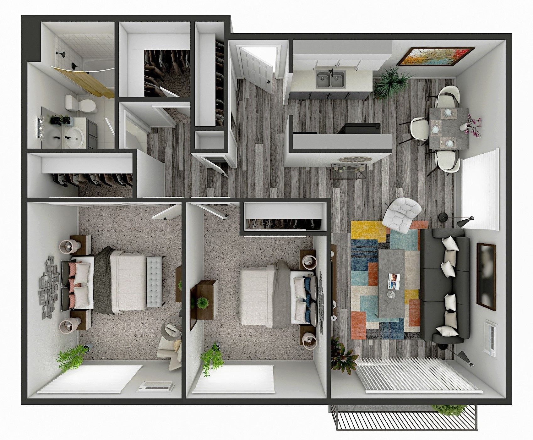 Floor plan of an apartment with two bedrooms, kitchen, living, and dining area; gray and white color scheme.