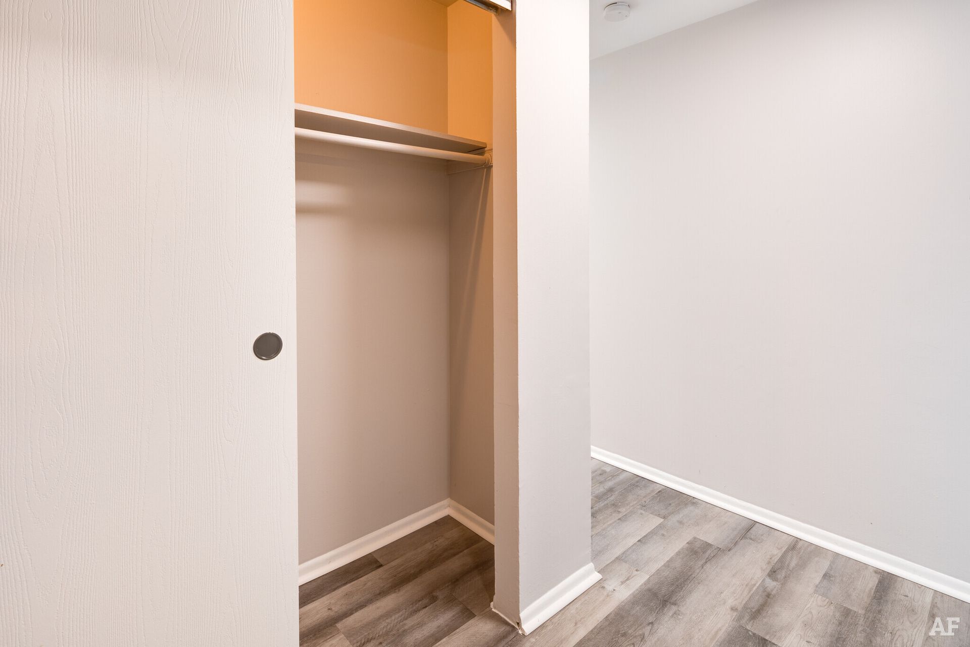 Empty closet with clothes rod and shelf, next to a hallway with wood flooring.