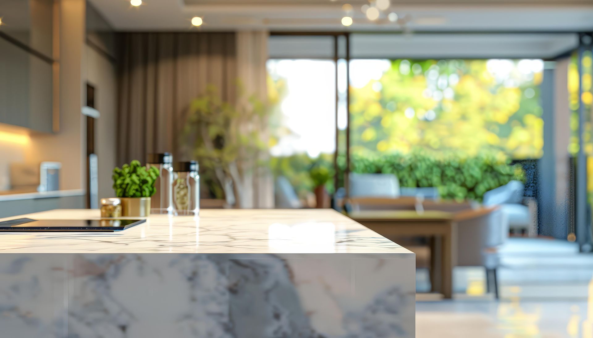 Marble kitchen countertop with plants, overlooking outdoor seating area with lush greenery.