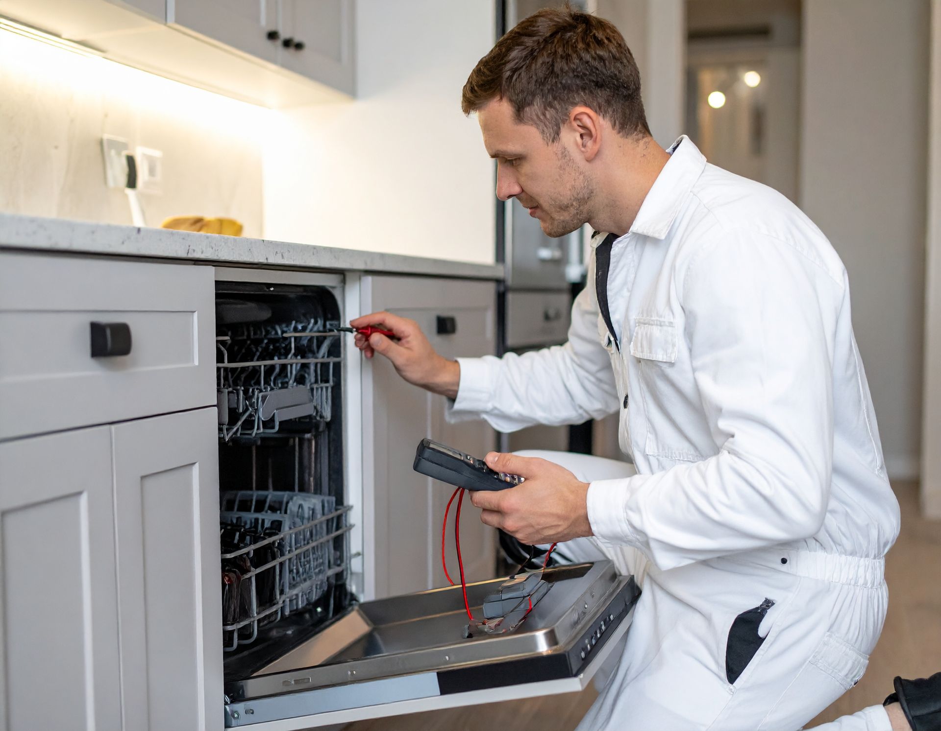 Technician inspecting an open dishwasher in a modern kitchen, holding a multimeter.