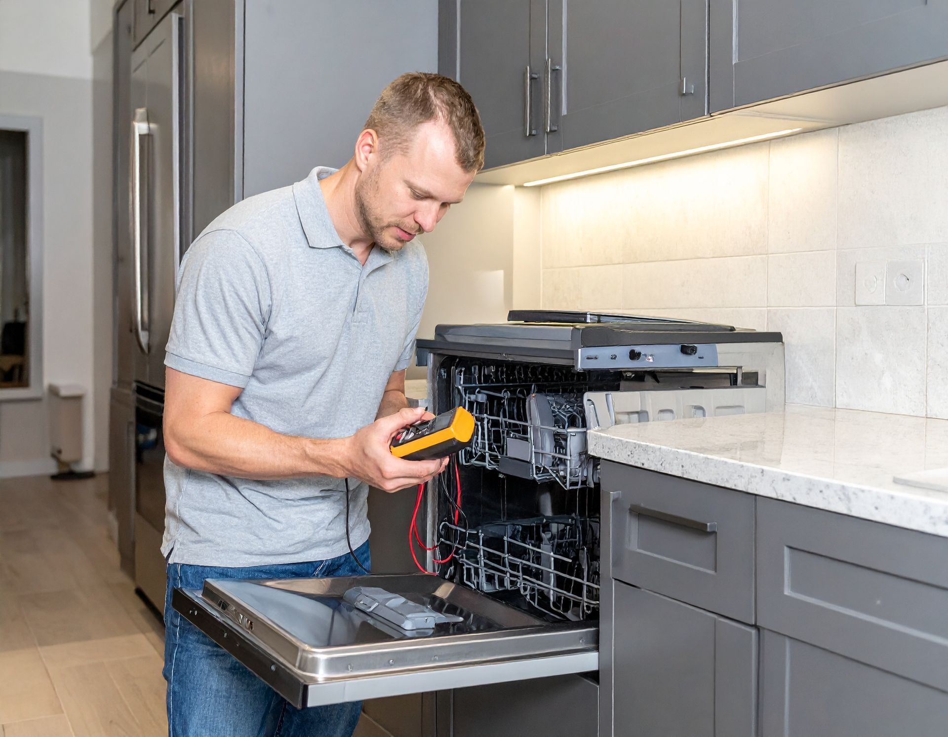 Person repairing a dishwasher in a modern kitchen, holding a tool with the door open.