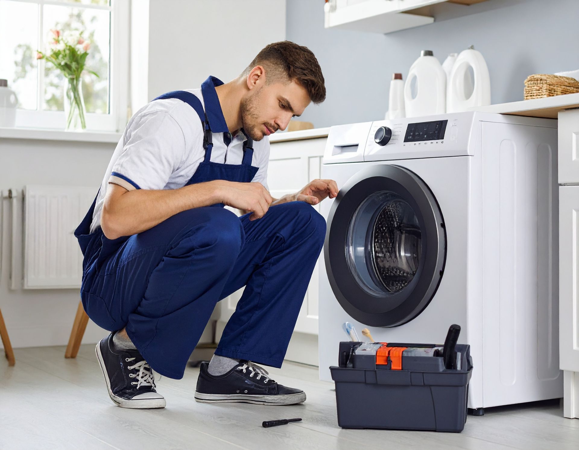 Technician inspecting a washing machine with a toolbox beside him in a bright laundry room