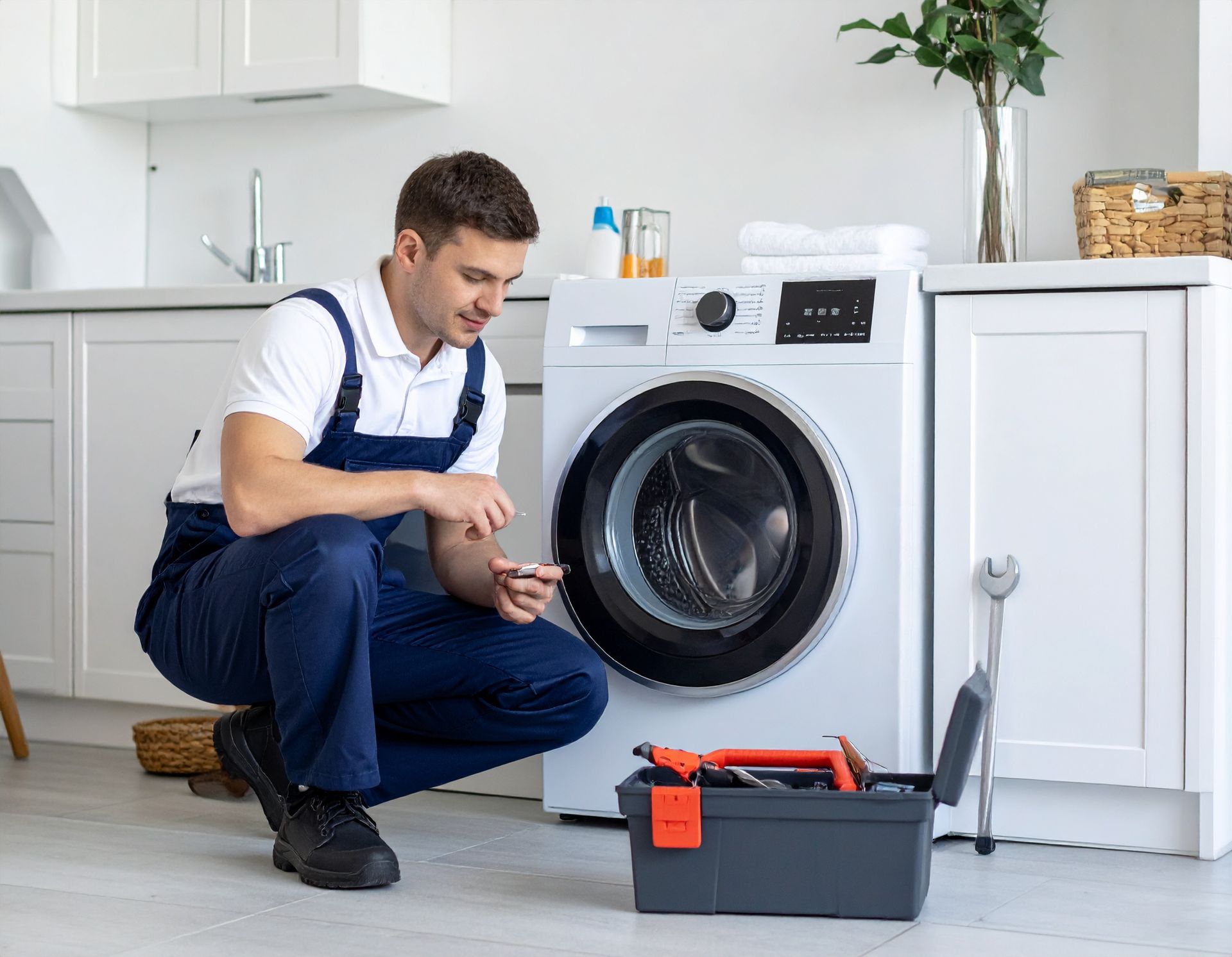 Technician kneeling beside a front-loading washing machine with a toolbox in a bright laundry room