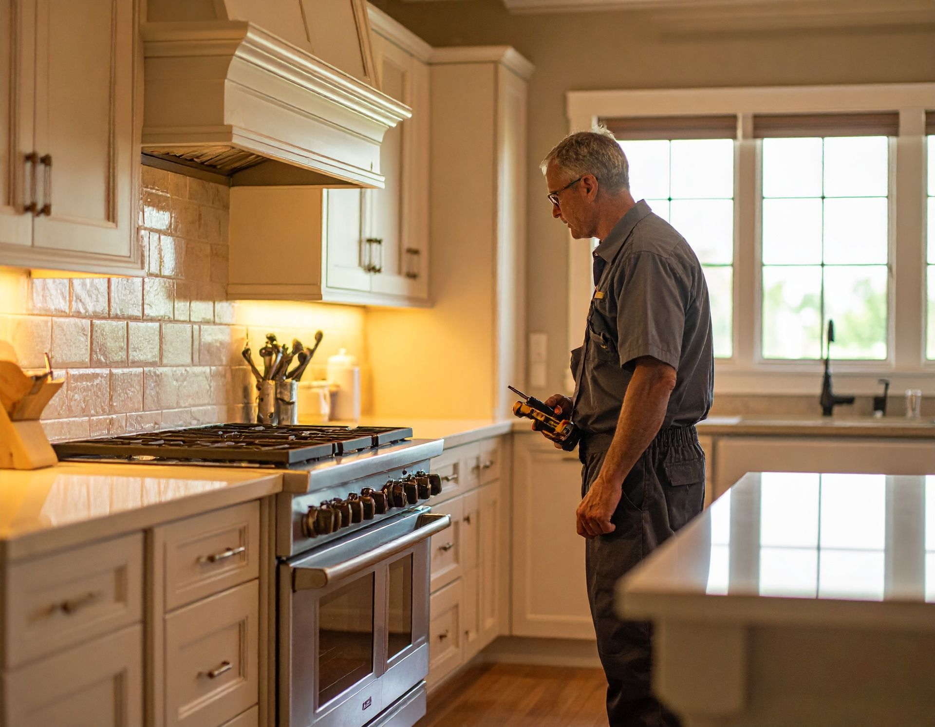 Man standing in a bright kitchen, looking at a stove beside white cabinets and a sunlit window.