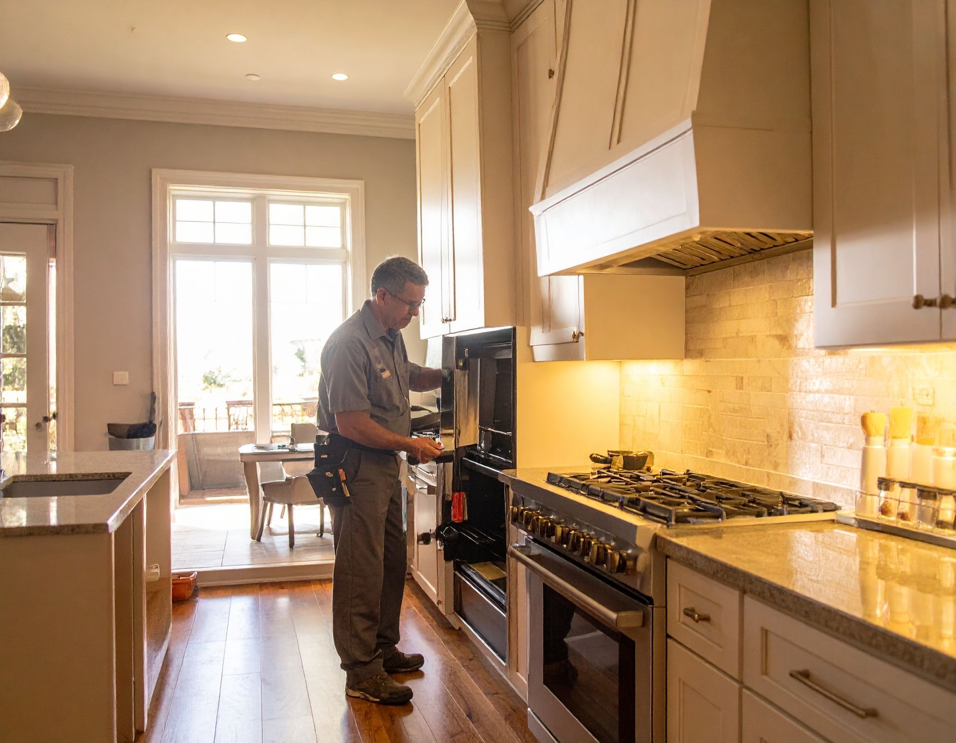 Person cooking in a bright modern kitchen beside a stainless-steel oven and gas stove