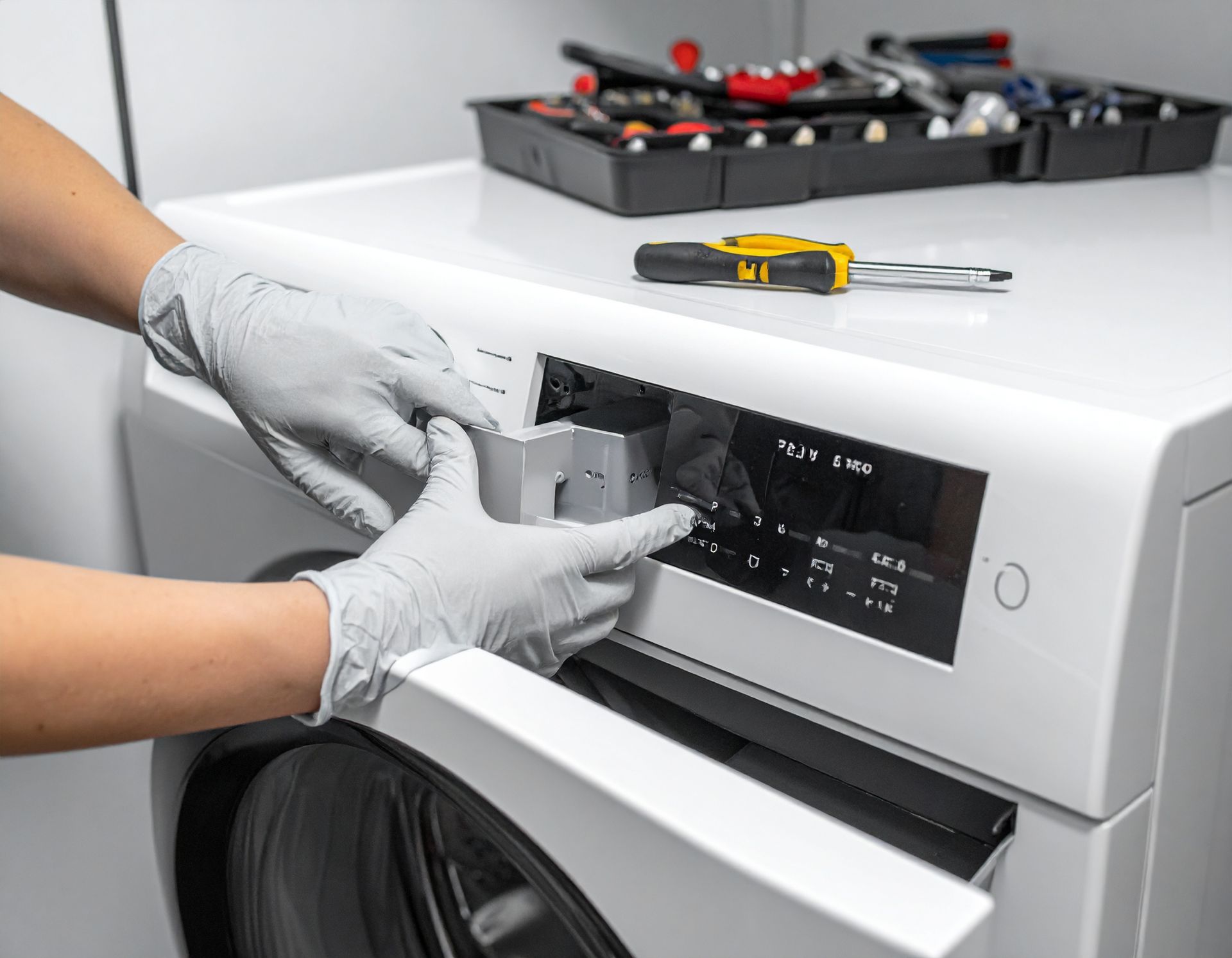 Gloved hands repairing a white washing machine control panel with tools nearby.
