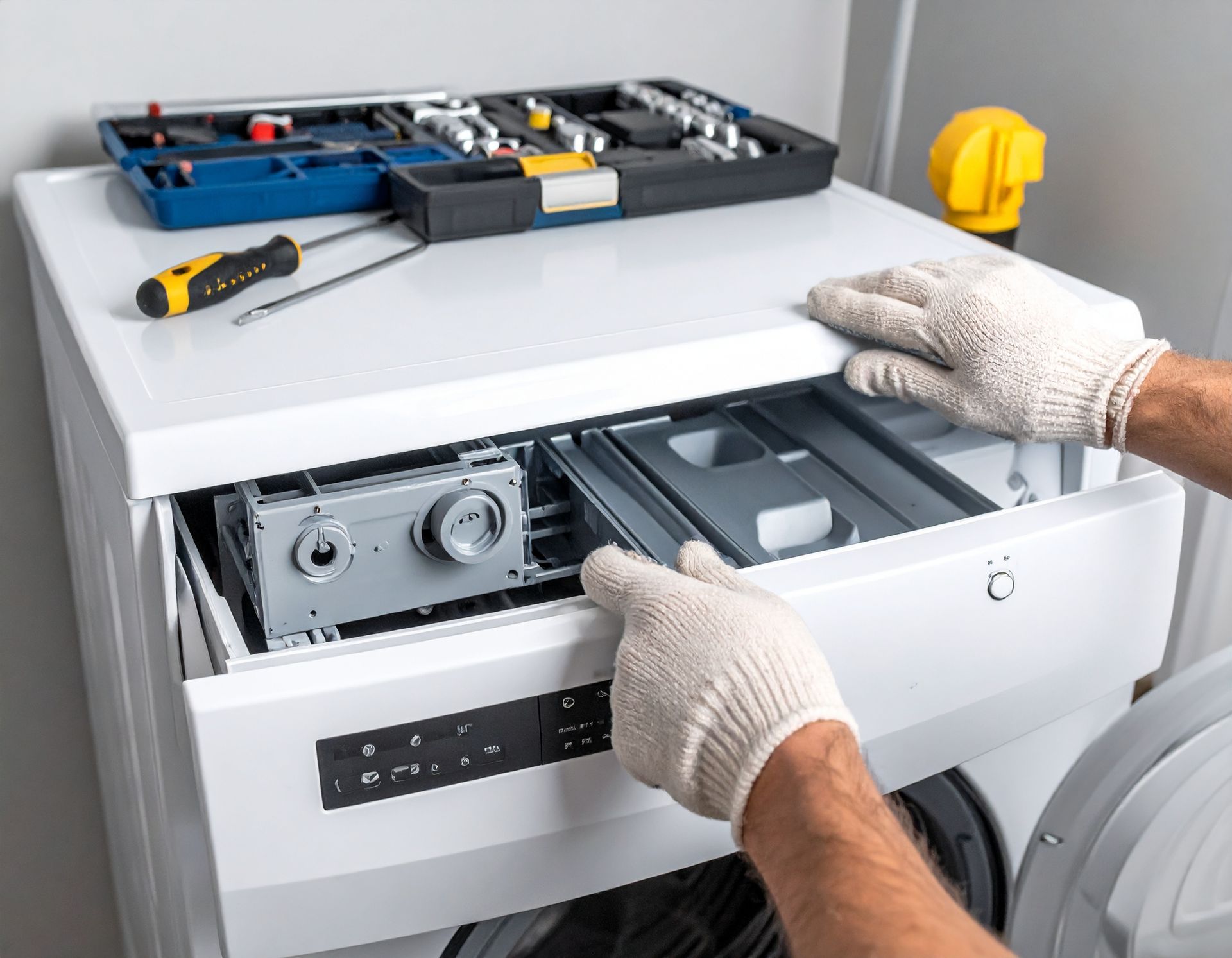 Gloved hands install a dishwasher drawer panel with tools on top in a kitchen or laundry area
