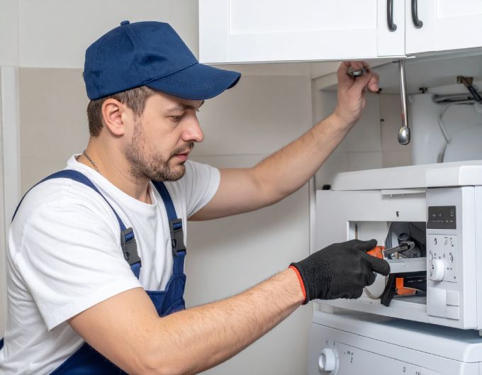 Man in blue overalls fixing a white microwave, wearing a cap and gloves, in a kitchen.