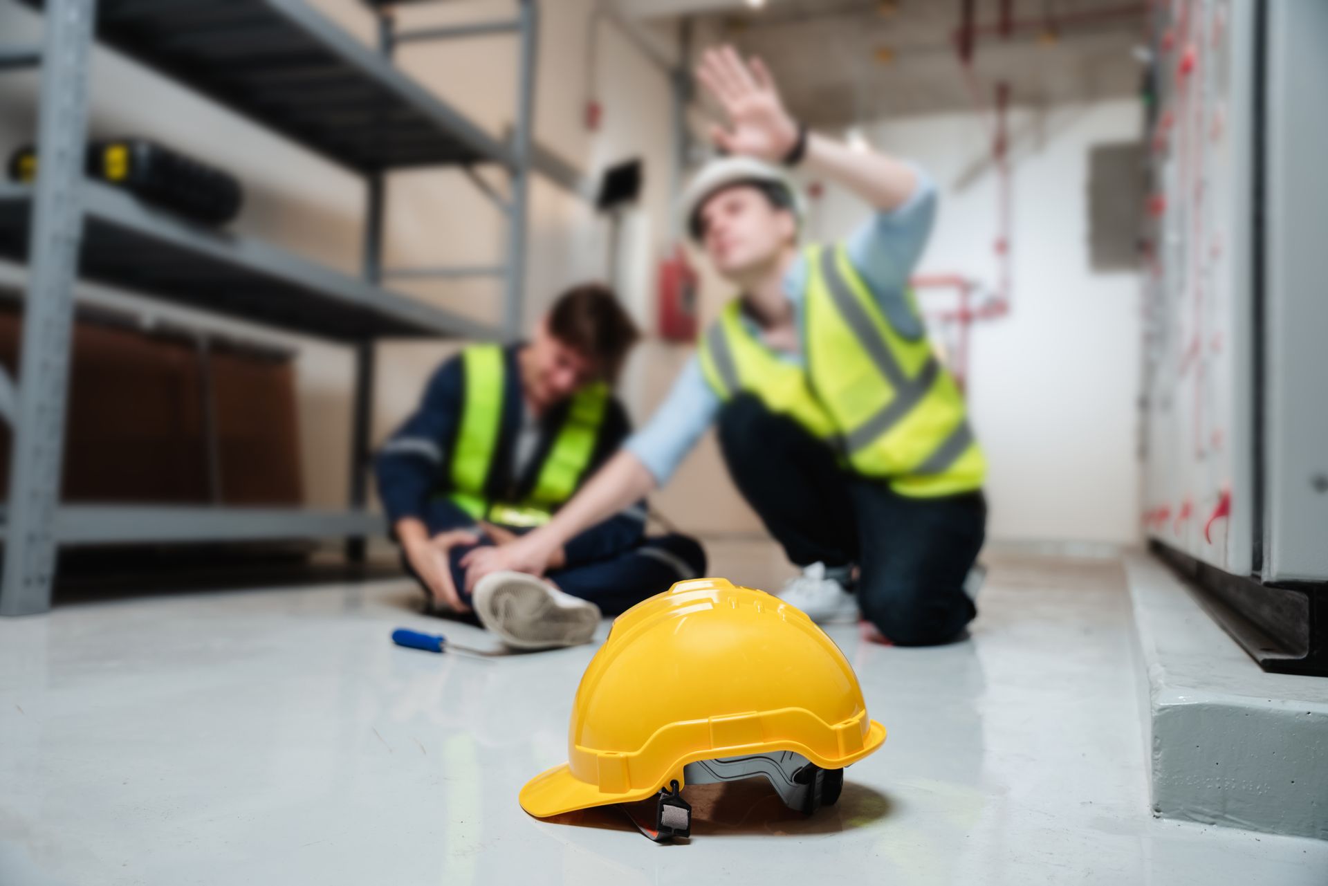 Yellow hard hat on floor near injured worker and colleague in a utility room.