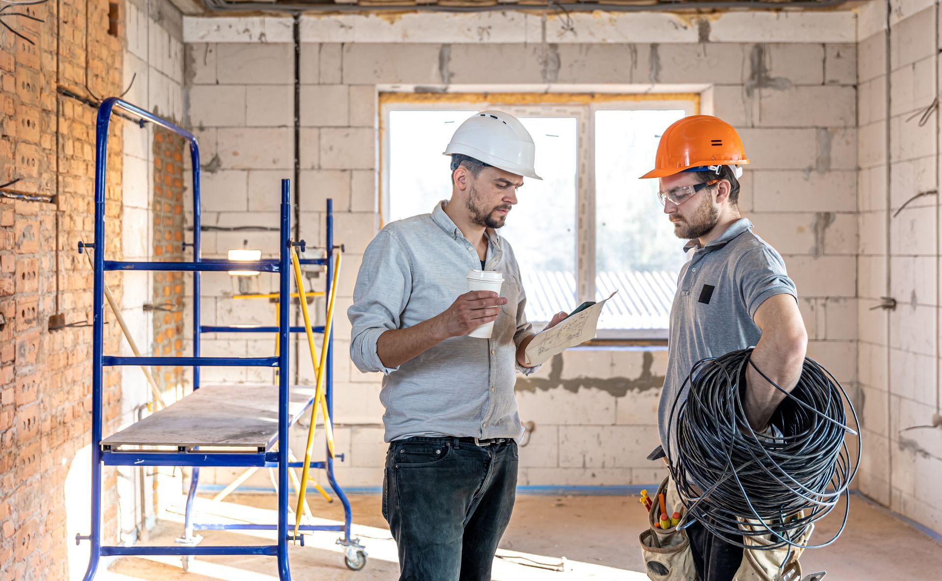 Two construction workers in hard hats discussing plans in an unfinished room with wiring and scaffolding.