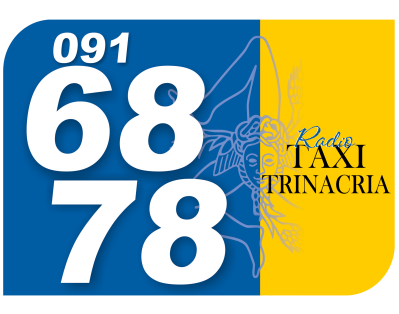 Logo di Radio Taxi Trinacria con sfondo blu e giallo, numero di telefono 091 68 78 e simbolo della Trinacria.