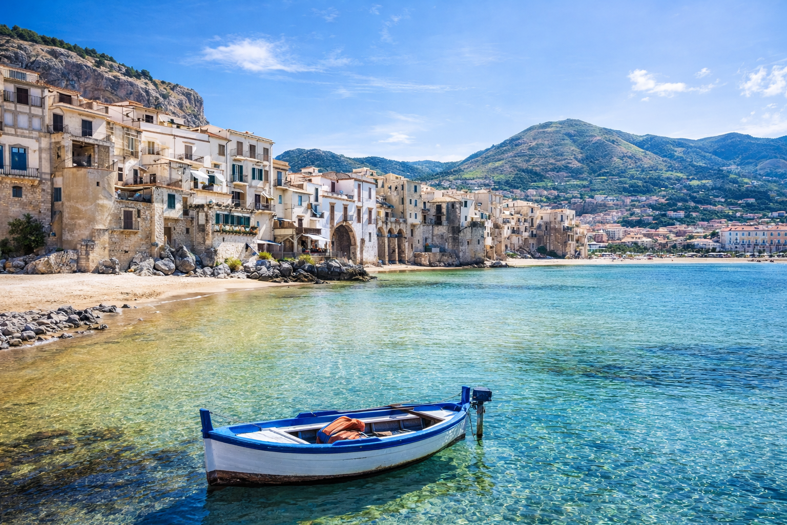 Una barca galleggia nell'acqua cristallina vicino a un villaggio costiero in Sicilia, Italia, sotto un cielo soleggiato.