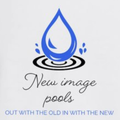Blue water drop logo for a pool company, with the text "New image pools" and "Out with the old in with the new".