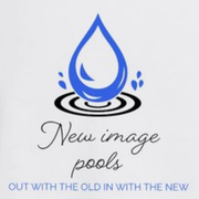 Blue water drop logo for a pool company, with the text "New image pools" and "Out with the old in with the new".