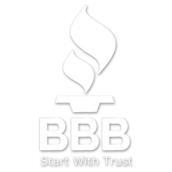 The bbb logo is a white logo with a flame and the words `` start with trust ''.