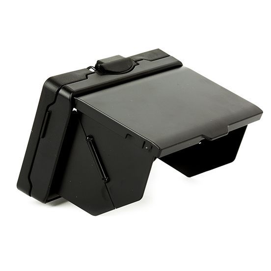 A black box with a visor on top of it