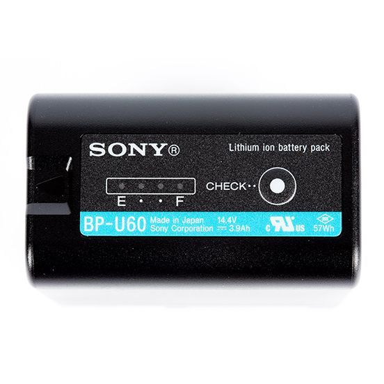 A sony bp-u60 lithium ion battery pack is shown on a white background.