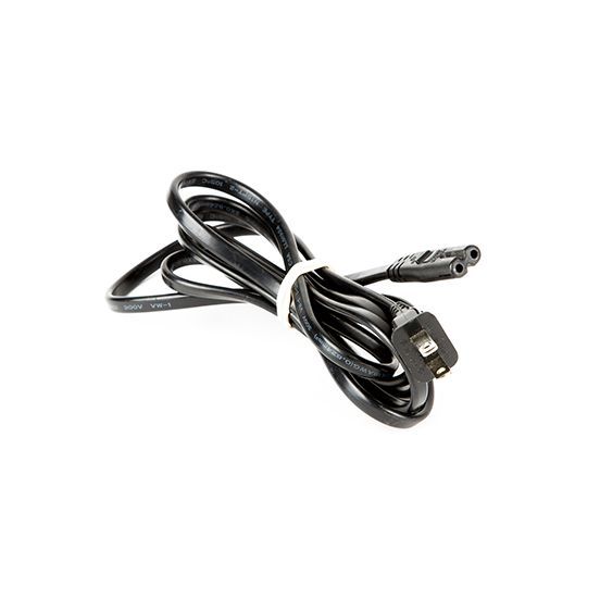 A black power cord is tied together with a white rubber band on a white background.