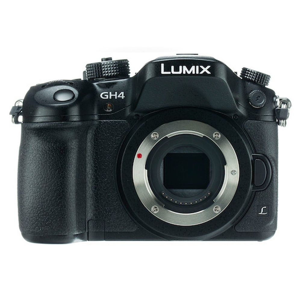 The front of a lumix gh4 camera on a white background