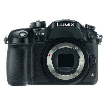 The front of a lumix gh4 camera is shown on a white background.