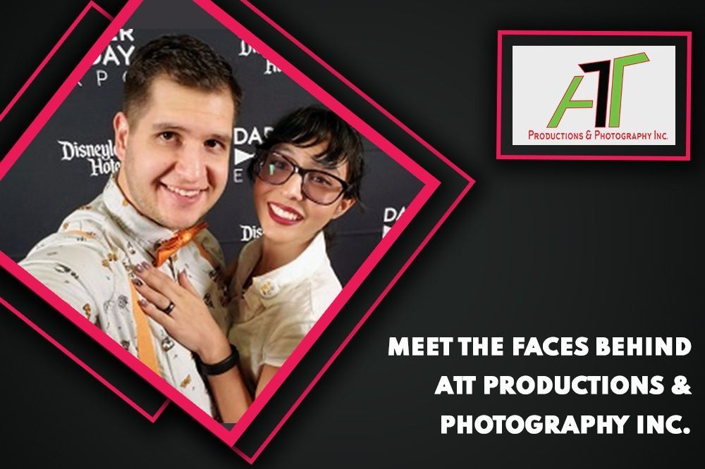 A man and a woman are posing for a picture with the words meet the faces behind att productions & photography inc.