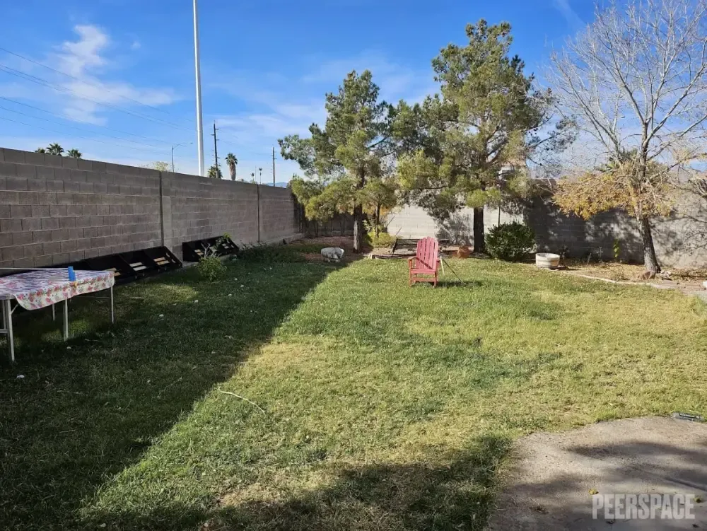 A backyard with a table and chairs in the grass.