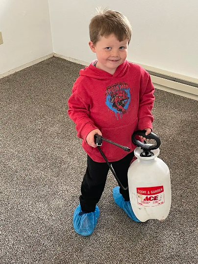 A vacuum is being used to clean a carpet in a room.