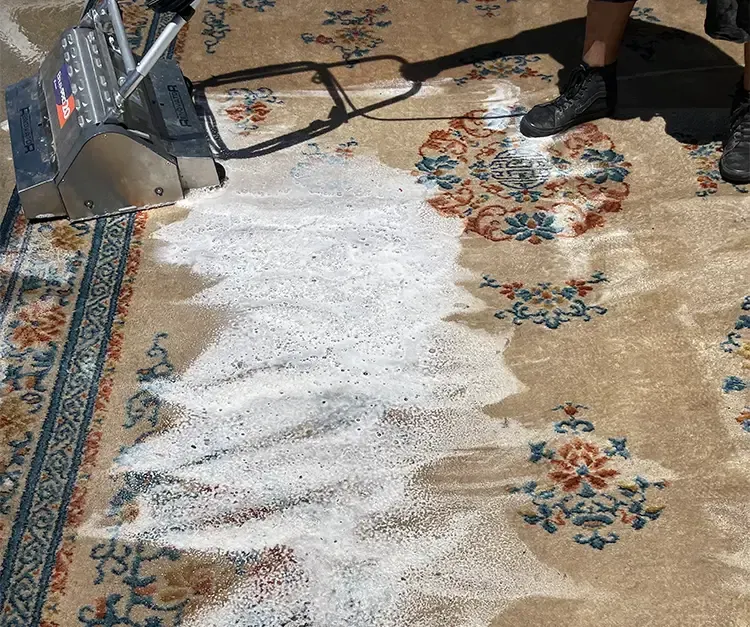 A person is cleaning a rug with a machine