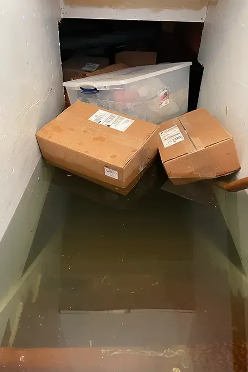 Two cardboard boxes are sitting on top of a flooded basement.