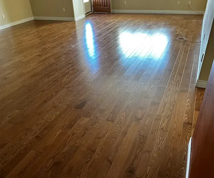 A living room with hardwood floors and a door.