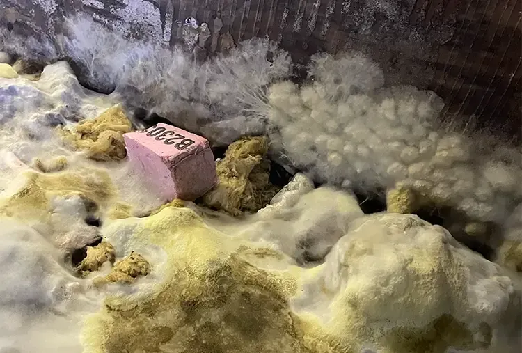A pink block of soap is sitting on top of a pile of foam.